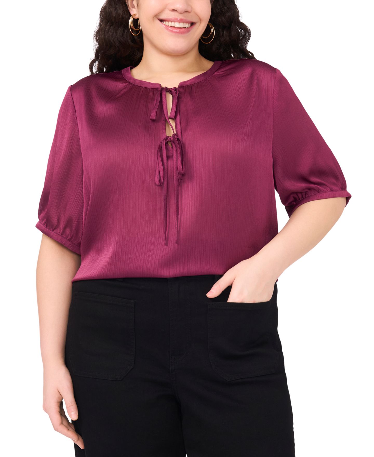 Женский топ Vince Camuto Plus Size Short Sleeve Tie Neck Top, цвет: Сливовый — фото 1