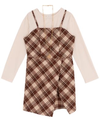 Big Girls 2-Piece Plaid Top, Jumper with Shorts, and Necklace Set