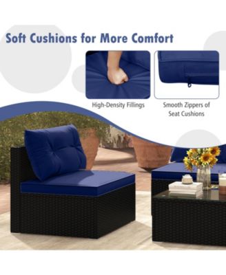 Ratten, Tempered Glass Tabletop 5 PCS Patio Furniture Set w/ Seat & Back Cushions