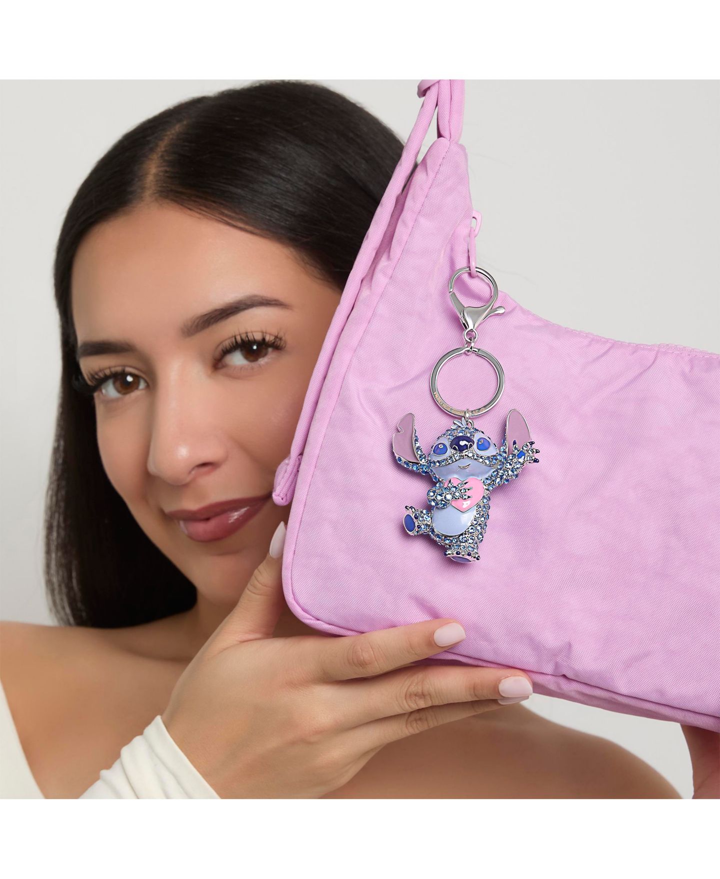 Брелок Disney Stitch Keychain Official License, Multicolored Pave Crystal Stitch Heart Charm Keychain, Bag Charm, цвет: Синий / Розовый — фото 4