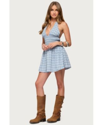 Women's Plaid Smocked Halter Mini Dress