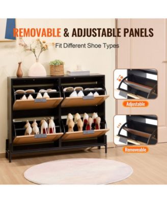 Narrow Rattan Shoe Cabinet with 4 Flip Drawers, Slim Entryway Storage with Metal Legs