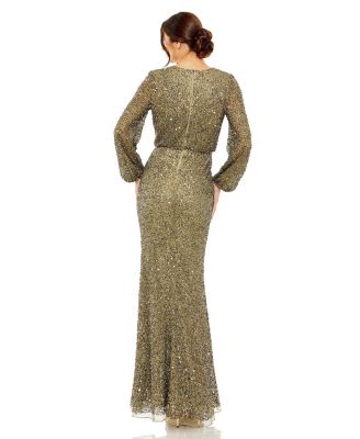 Women's High Neck Long Sleeve Beaded Blouson Gown