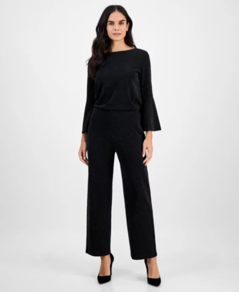 AK Anne Klein Petite Pull-On Mid-Rise Wide-Leg Shimmer Pants - Anne Black