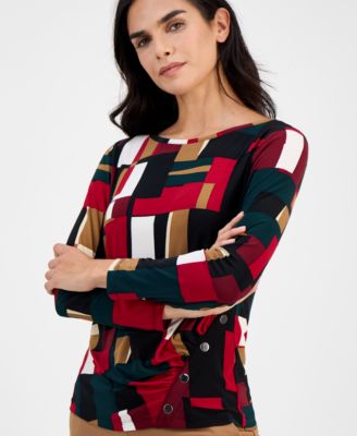 Petite Printed Ruched-Front Long-Sleeve Top