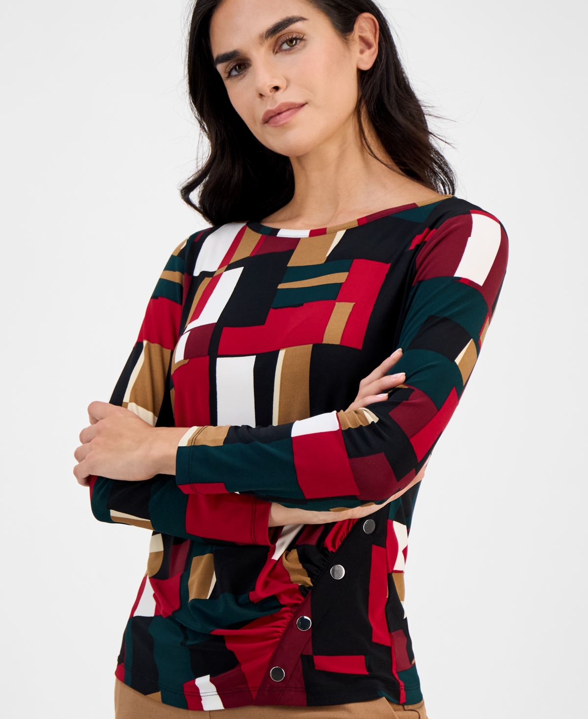 Ak Anne Klein Petite Printed Ruched-Front Long-Sleeve Top