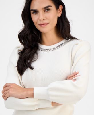 Petite Embellished-Crewneck Puff-Sleeve Sweater 