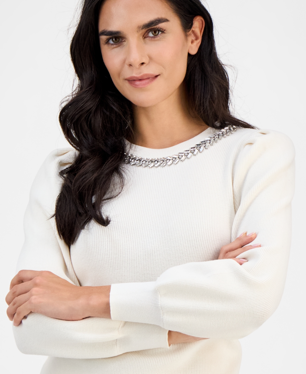 Ak Anne Klein Petite Embellished-crewneck Puff-sleeve Sweater In White