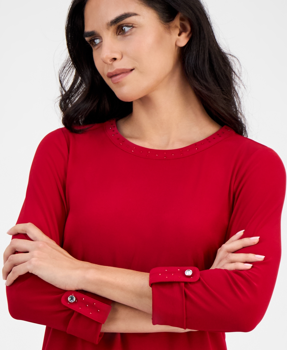 Ak Anne Klein Petite Embellished-Neck Roll-Tab-Sleeve Top