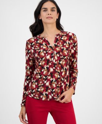 AK Anne Klein - Petite Floral-Print Long-Sleeve Top