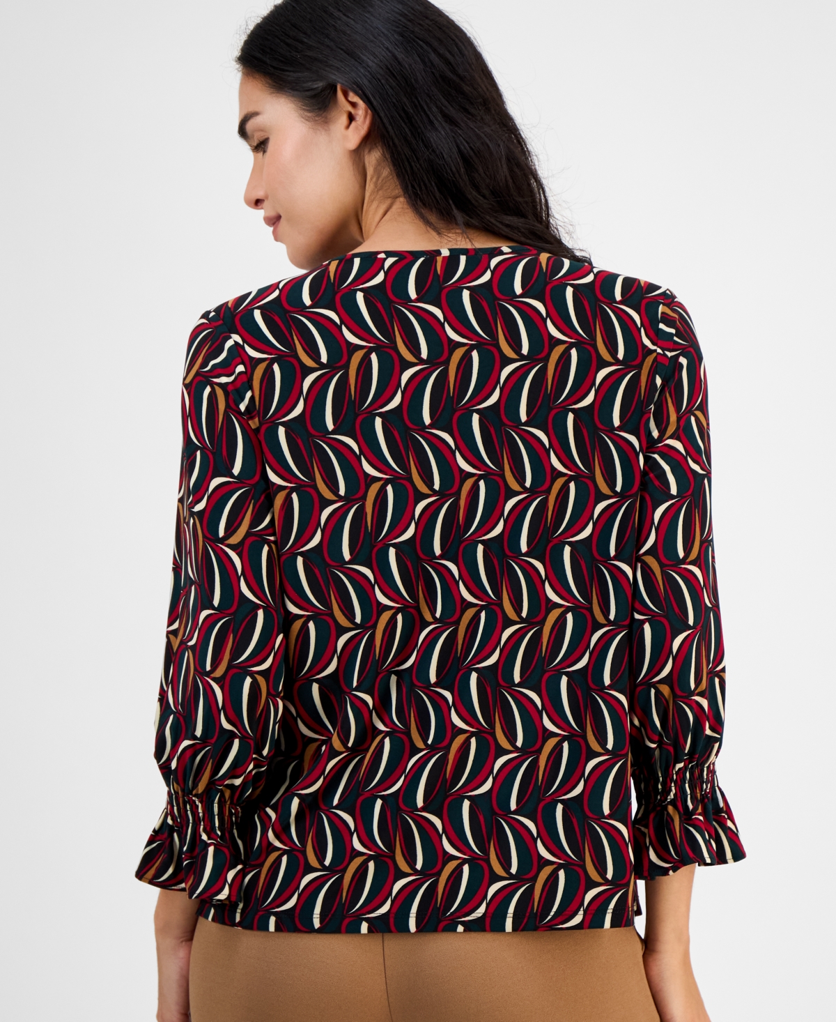 Ak Anne Klein Petite Printed Keyhole-Front Flare-Cuff Top