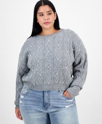 Trendy Plus Pearl Cable-Knit Scoop-Neck Sweater