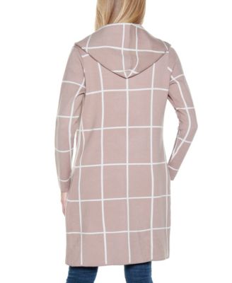 Women's Hooded Windowpane Plaid Coatigan Sweater