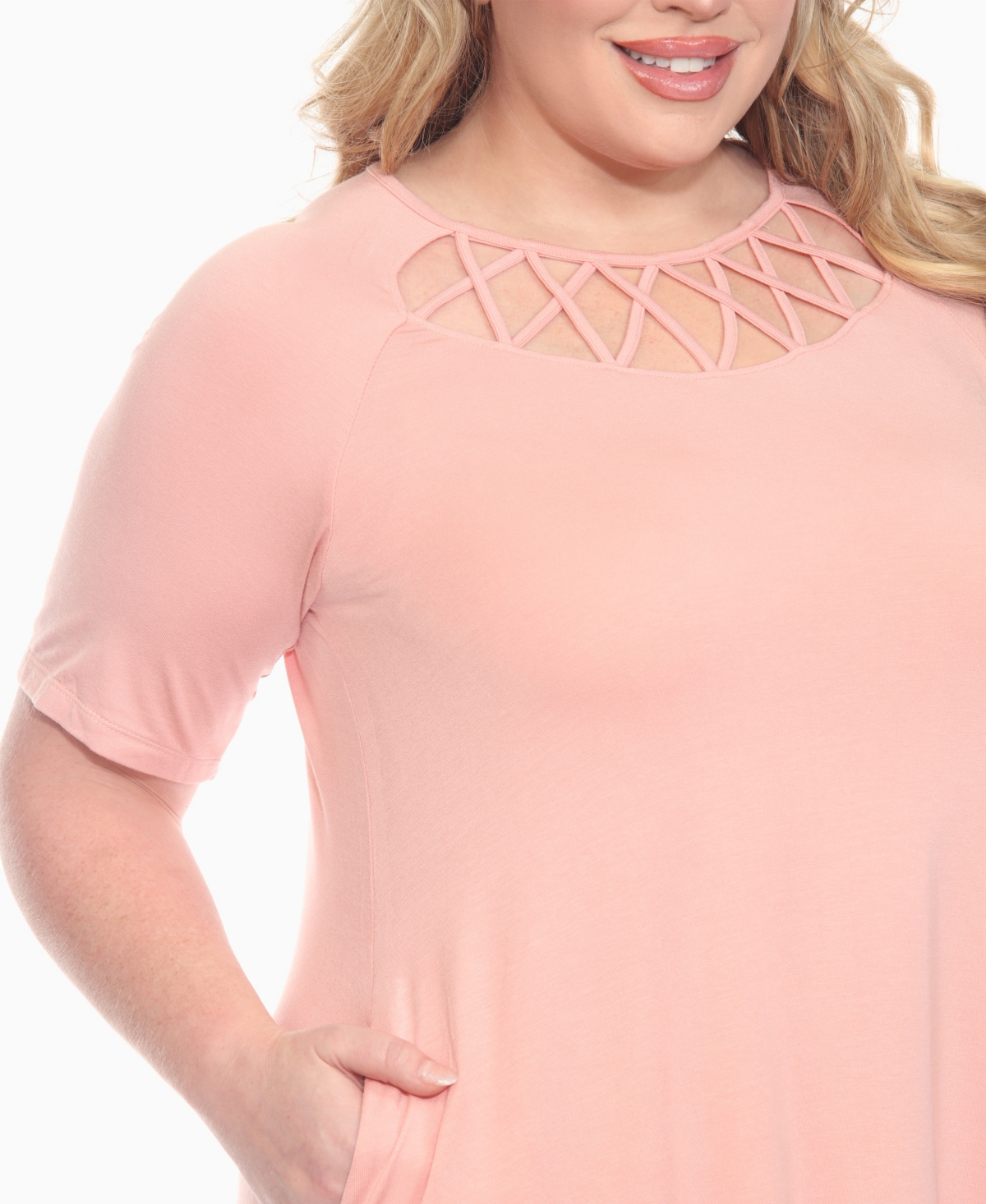 White Mark Plus Size Short Sleeve Crisscross Neck A-line Dress In Pink