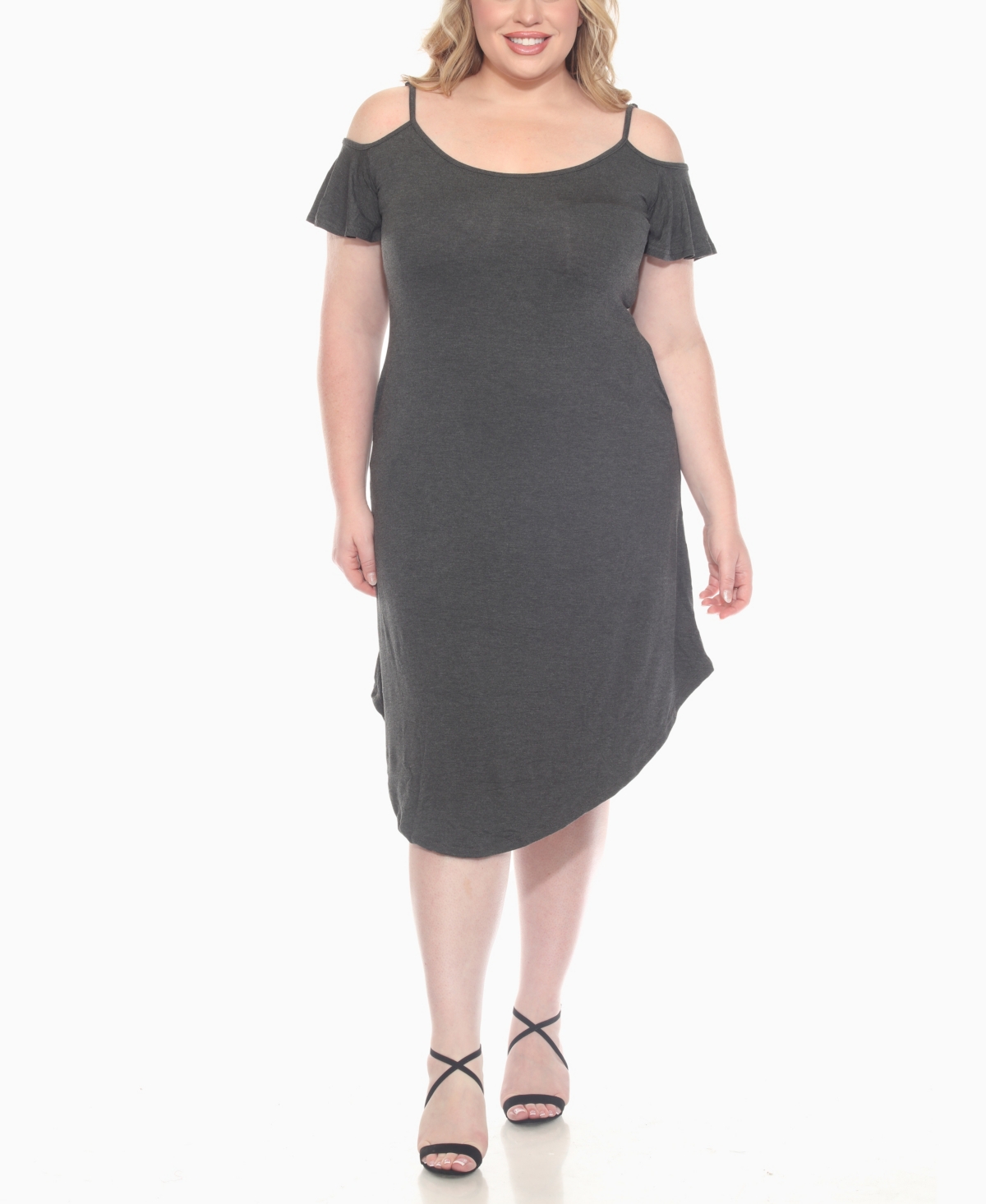 White Mark Plus Size Casual Scoop Neck Flutter Sleeve Knee Length Dress In Gray