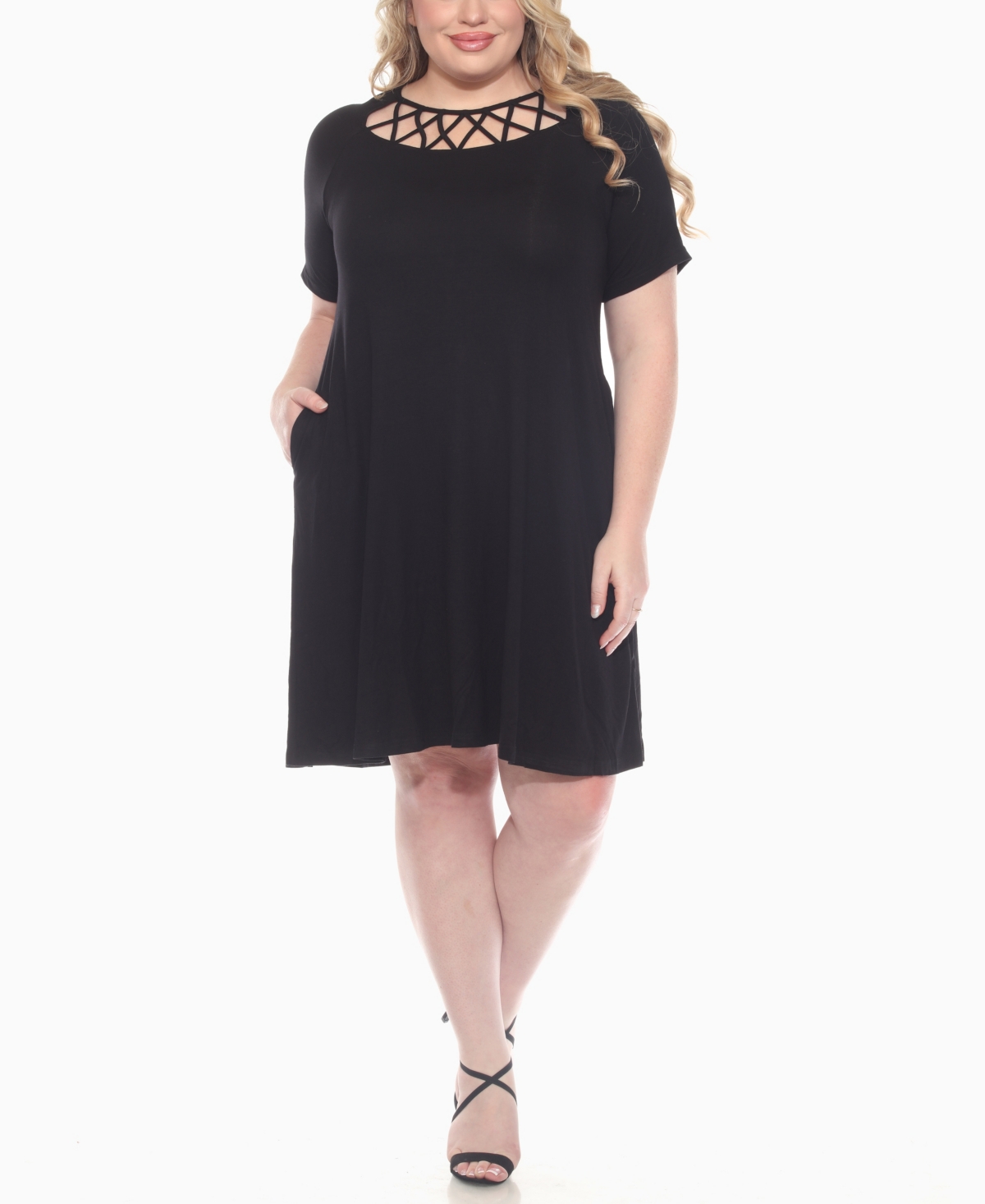 White Mark Plus Size Short Sleeve Crisscross Neck A-line Dress In Black