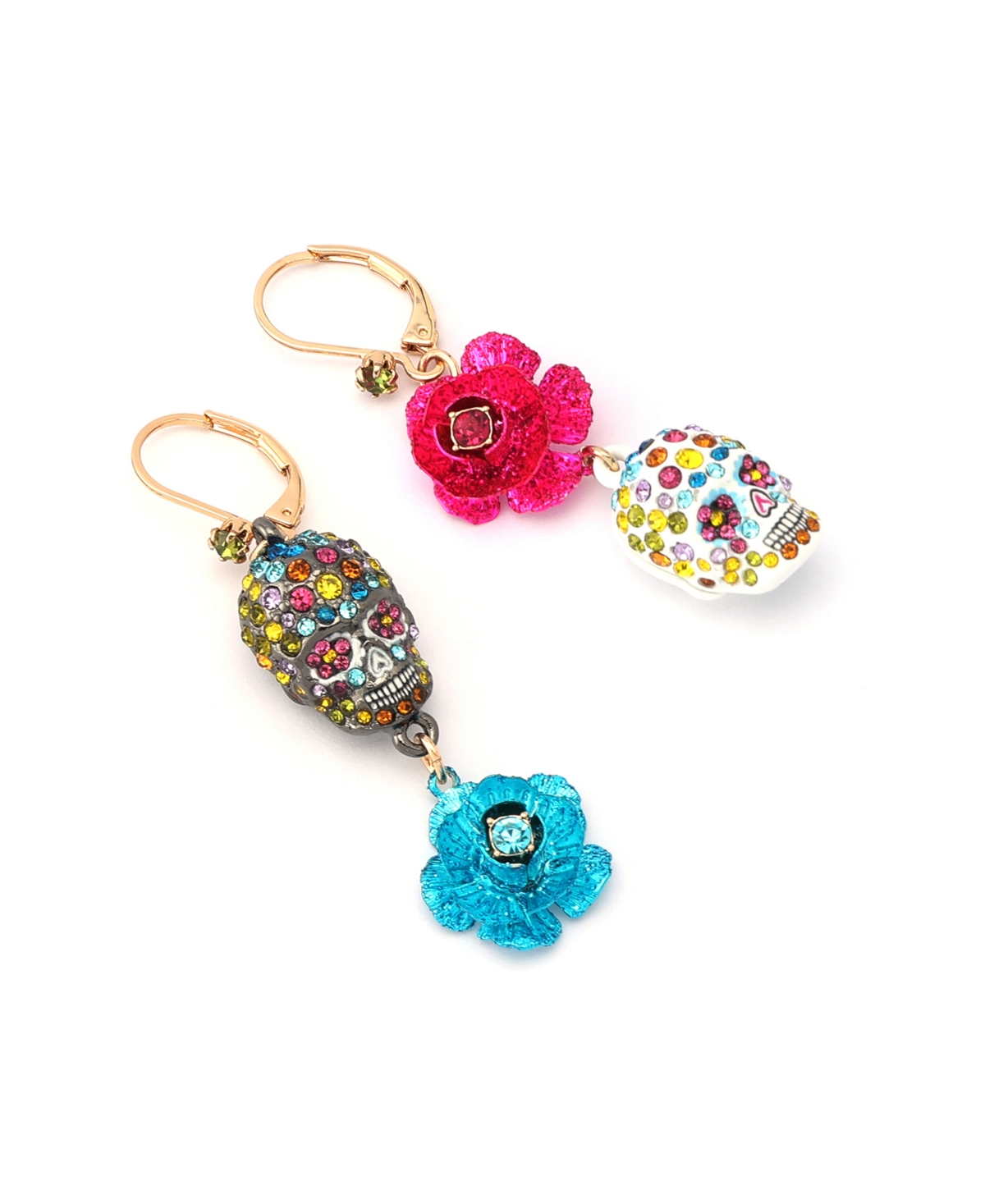 Betsey Johnson Faux Stone Sugar Skull Flower Mismatch Earrings