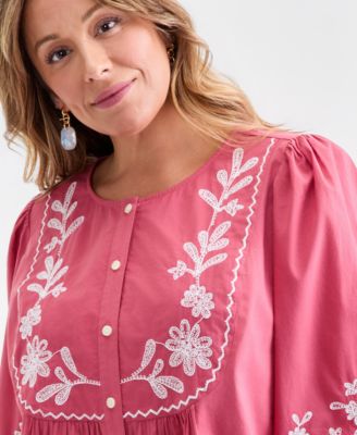 Plus Size Cotton Embroidered 3/4-Sleeve Blouse