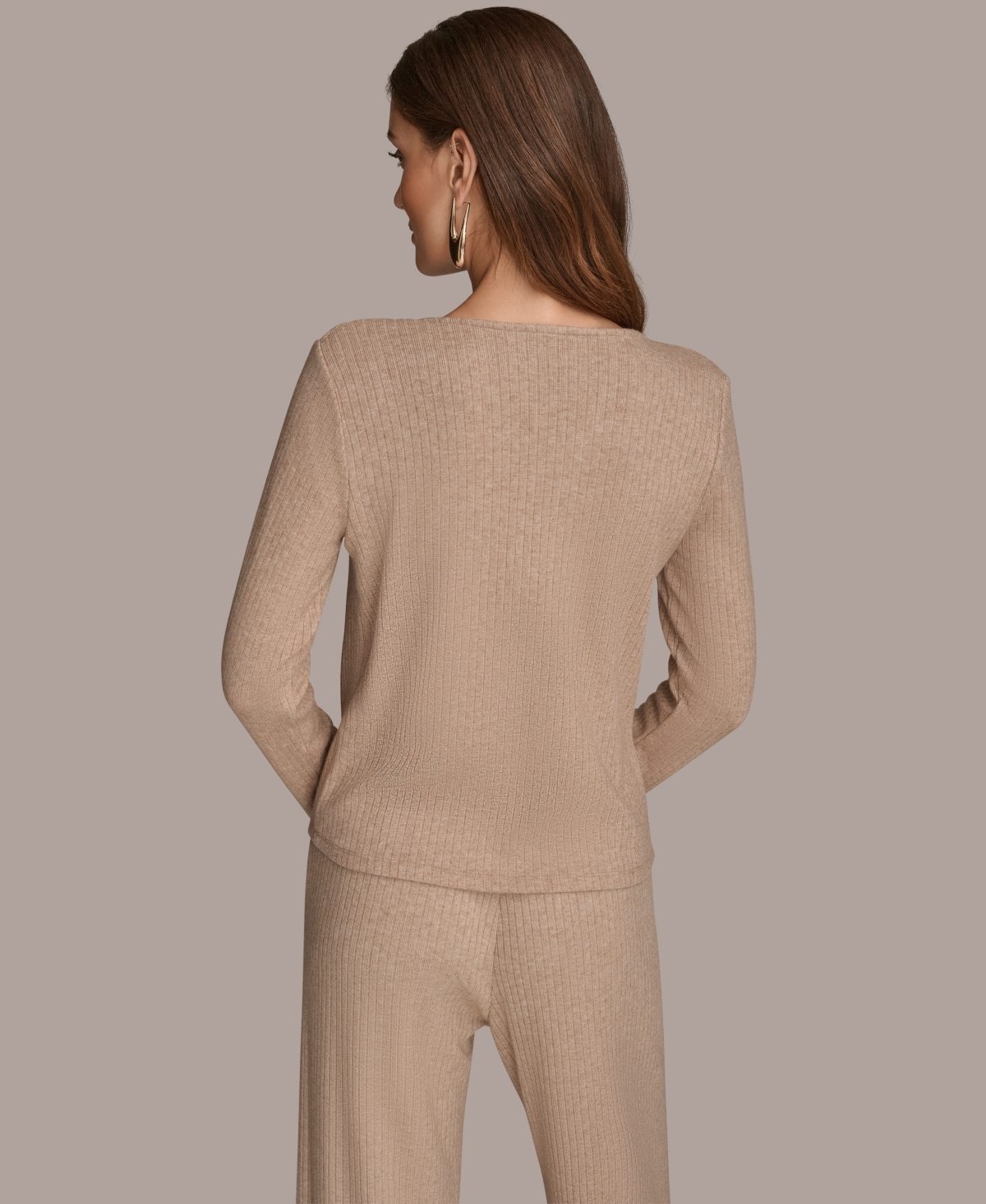 Donna Karan Womens Lurex Rib Cowl Neck Long Sleeve Top Wide Leg Pull On Pants In Brown