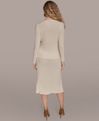 Women's Ribbed V-Neck Long Sleeve Sweater and Knit Wrap Midi Skirt