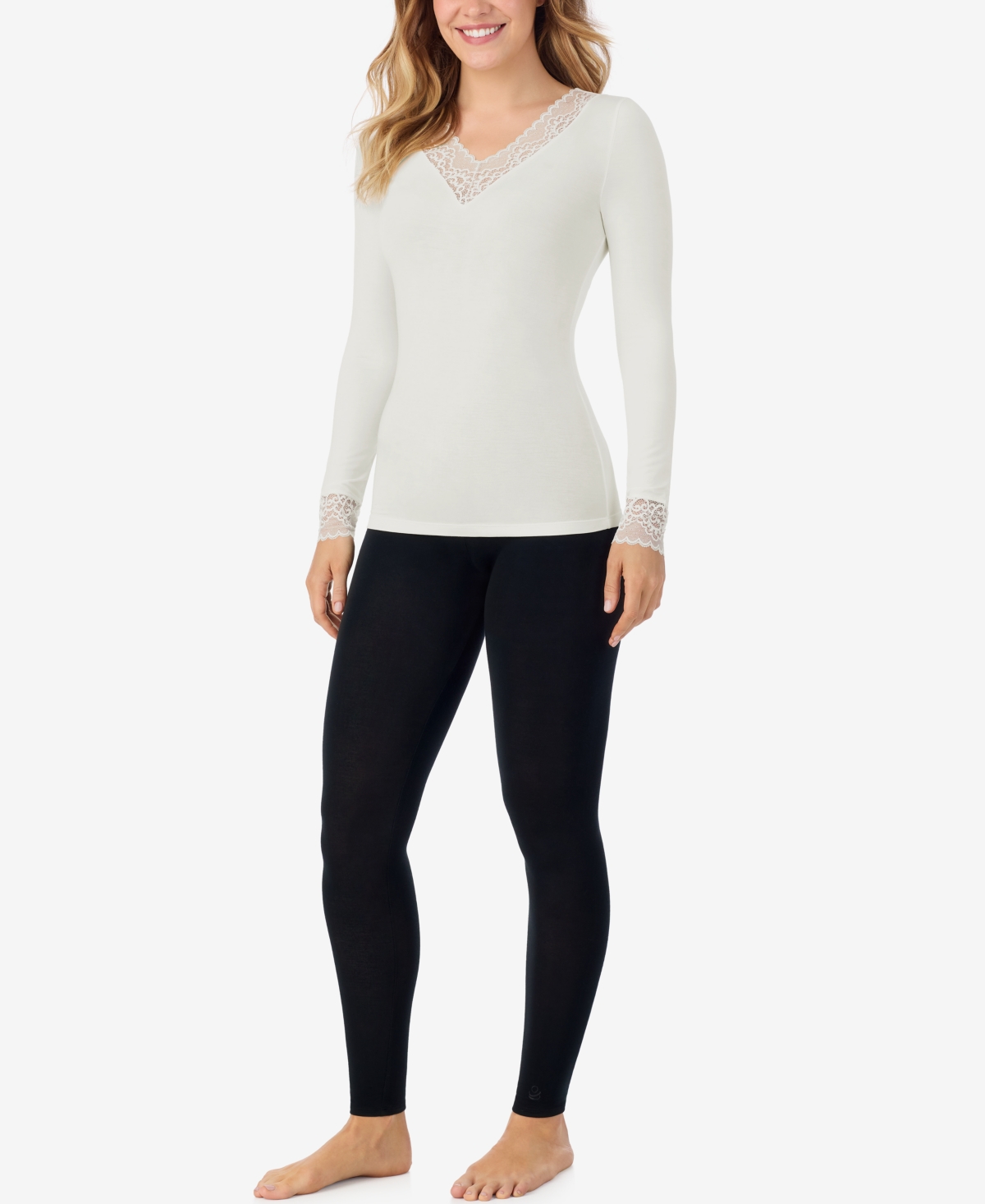Cuddl Duds Petite Softwear V-neck Lace Top In White