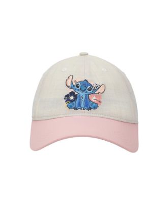 Stitch Embroidered Character & Flowers Women's White & Pink Unstructured Baseball Cap