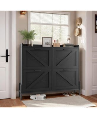 Shoe Storage Cabinet with 4 Flip Drawers, Metal Legs, Black