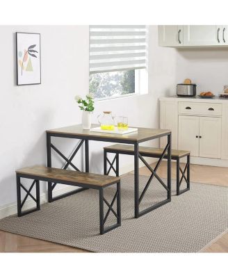 Wood-Top Kitchen Dining Table with 2 Backless Benches, Industrial Style