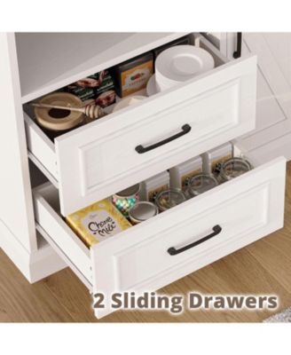 Farmhouse Kitchen Pantry Cabinet with Microwave Stand, Drawers, White