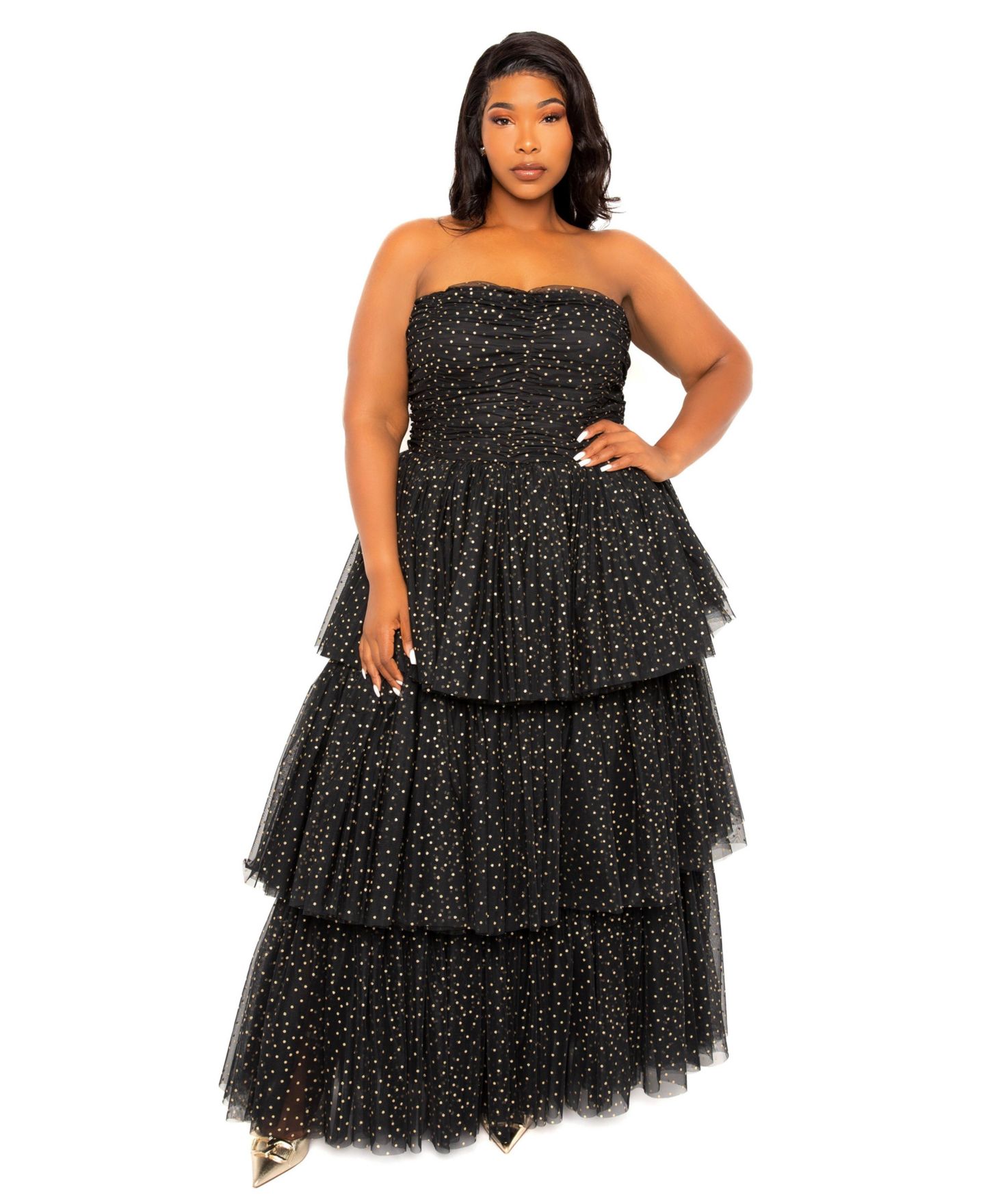 Женское платье Buxom Couture Plus Size Metallic Polka Dot Tiered Tulle, цвет: Чёрный — фото 1