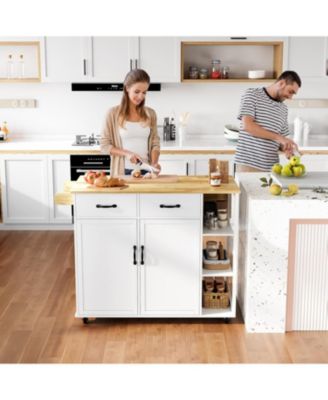 43.12" Rubberwood, Engineered Wood Drop Leaf, Drawers, Adjustable Shelves, Lockable Wheels Kitchen Island Island & Cart