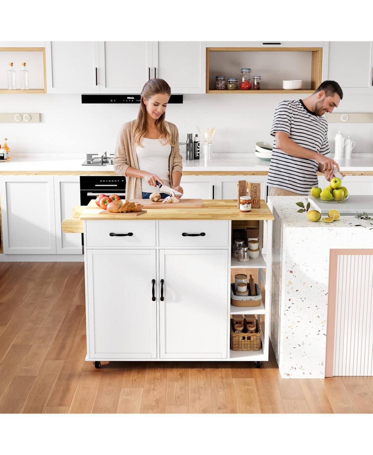 43.12-Inch White Kitchen Island & Cart with Drop-Leaf, 2 Drawers, Adjustable Shelves, Lockable Wheels & Wood Top for Kitchen & Bar