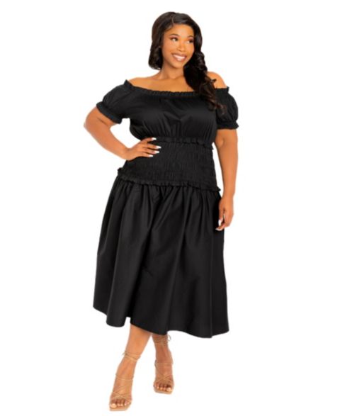 Женское платье Buxom Couture Plus Size Off Shoulder Smocked Midi, цвет: Чёрный