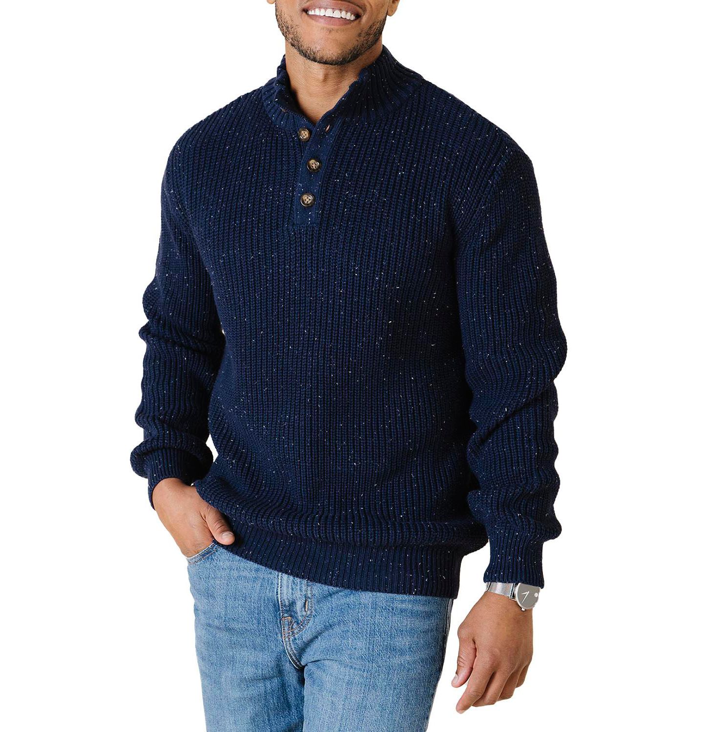 Мужской кардиган Hope & Henry Organic Mock Neck Cardigan Stitch, цвет: Тёмно-синий — фото 1