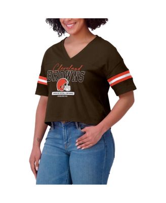 Women's Brown Cleveland Browns Color Block Boxy Modest Crop V-Neck T-Shirt