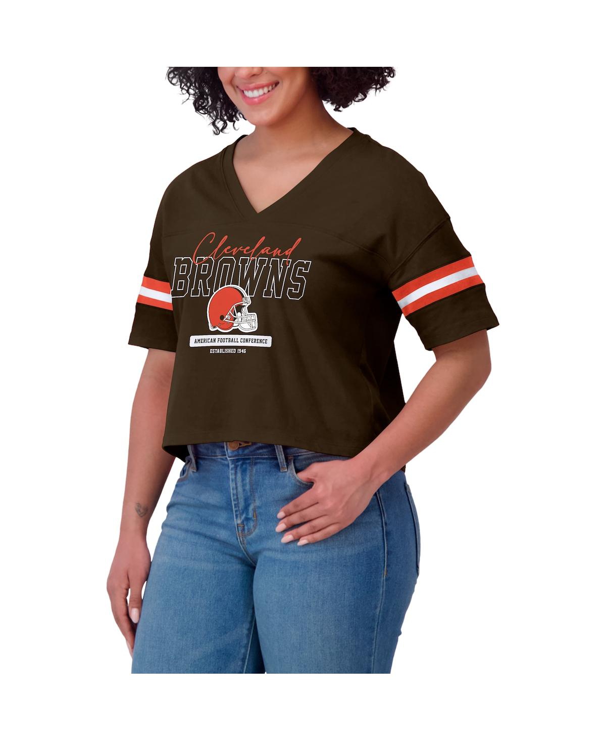 Wear By Erin Andrews Women's Brown Cleveland Browns Color Block Boxy Modest Crop V-neck T-shirt In Brown