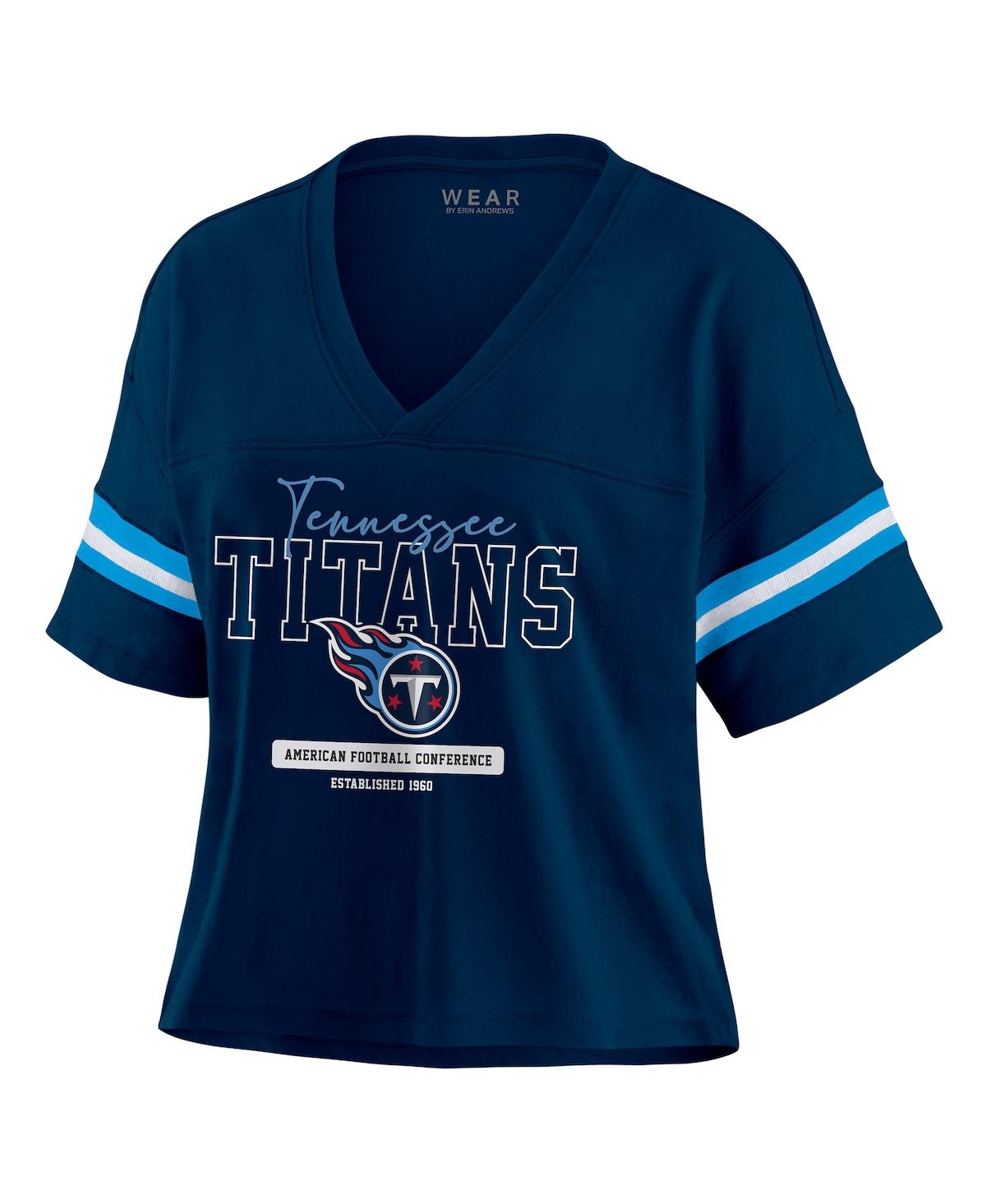 Wear By Erin Andrews Navy Tennessee Titans Color Block Boxy Modest Crop V-neck T-shirt In Blue