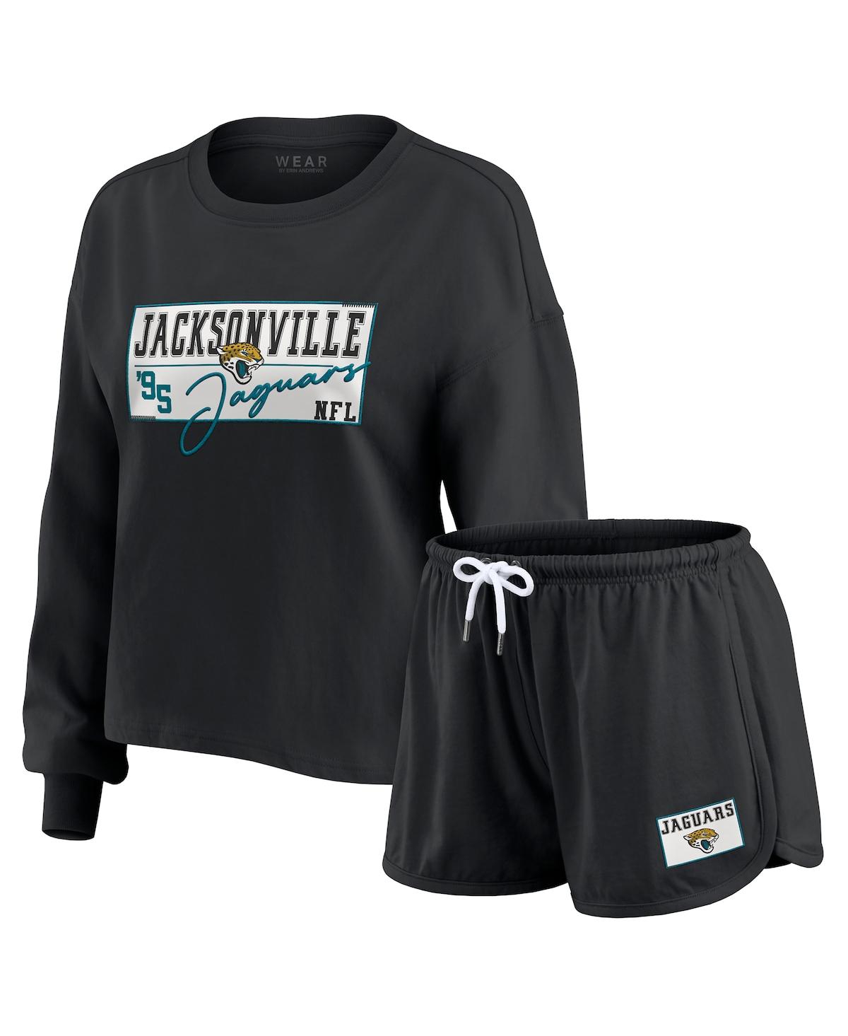 Wear By Erin Andrews Women's 2-piece Black Jacksonville Jaguars Heavy Rugby Jersey Long Sleeve T-shirt And Shorts Lounge 