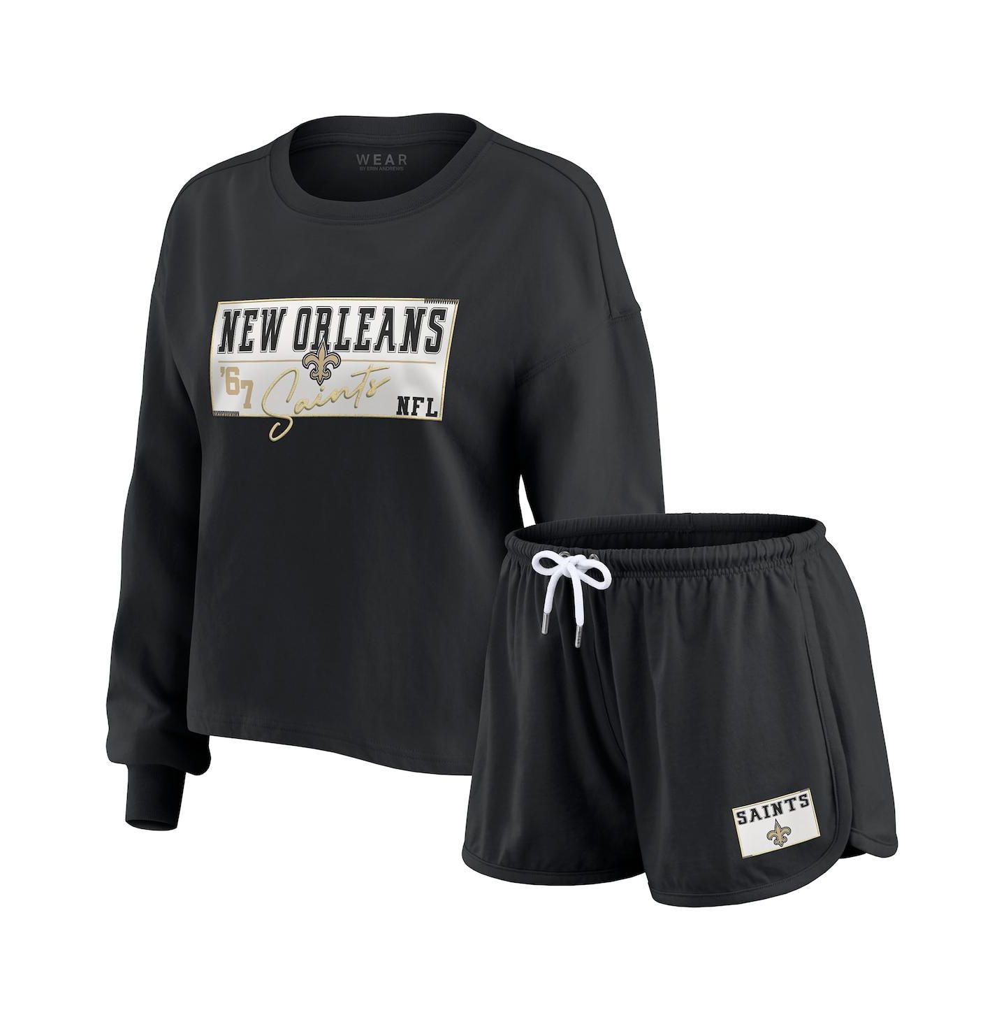 WEAR by Erin Andrews Women's 2-Piece Black New Orleans Saints Heavy Rugby Jersey Long Sleeve T-Shirt and Shorts Lounge Set — фото 1