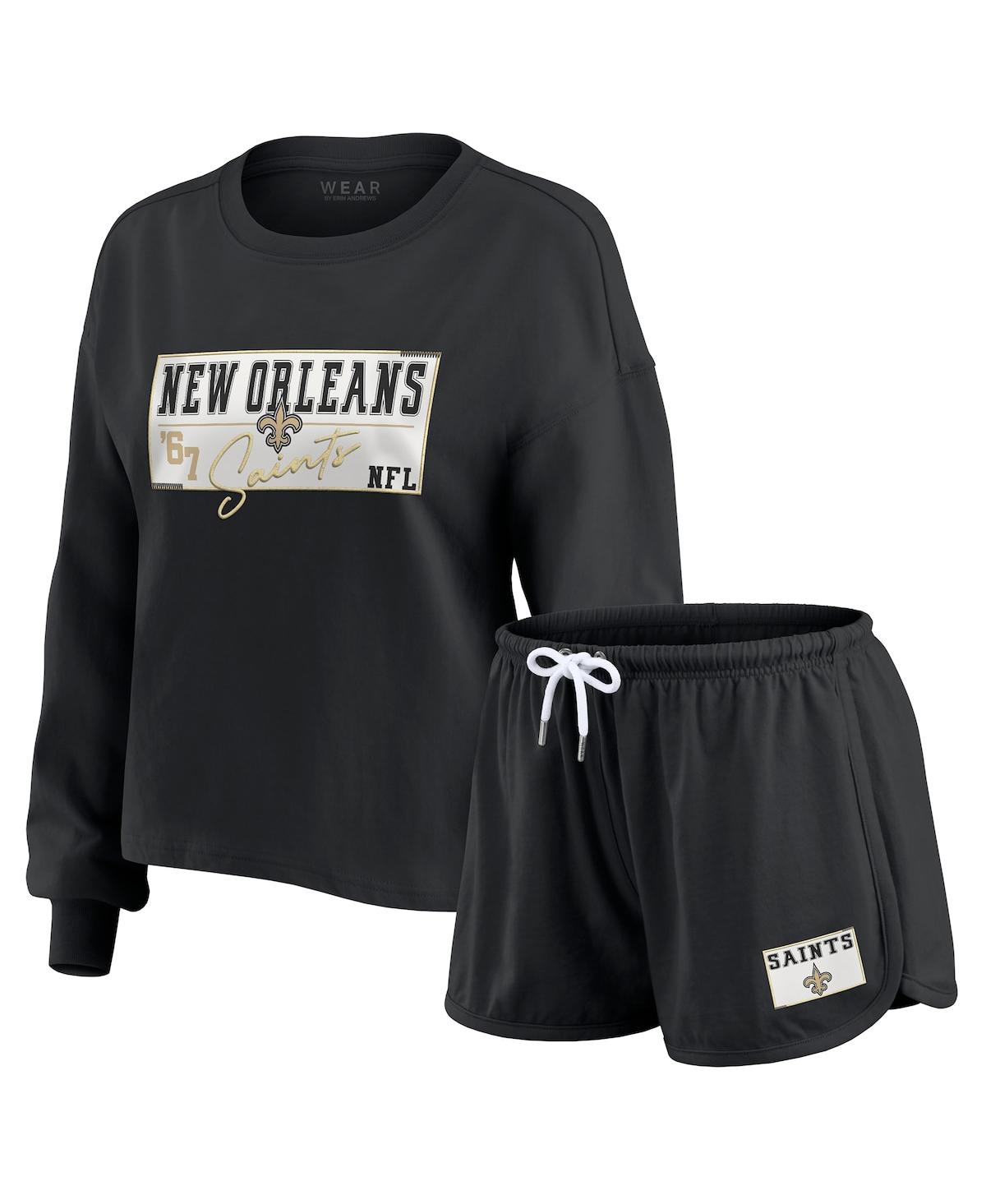 Wear By Erin Andrews Women's 2-piece Black New Orleans Saints Heavy Rugby Jersey Long Sleeve T-shirt And Shorts Lounge Se