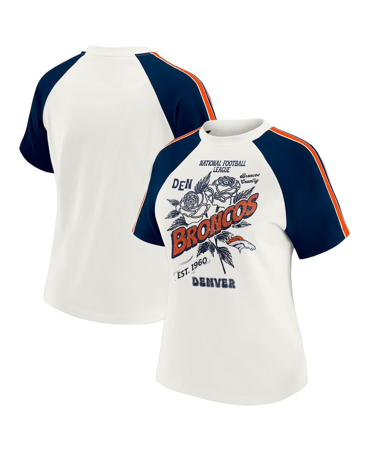 Wear By Erin Andrews Women's White Denver Broncos Sleeve Stripe Distressed Raglan T-shirt In White