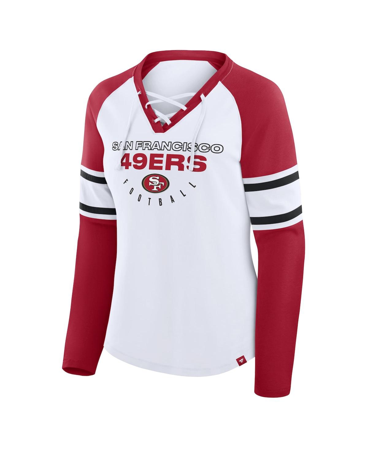 Fanatics Women's White/scarlet San Francisco 49ers Redzone Blitz Package Raglan Lace-up V-neck Long Sleeve T- In Multi