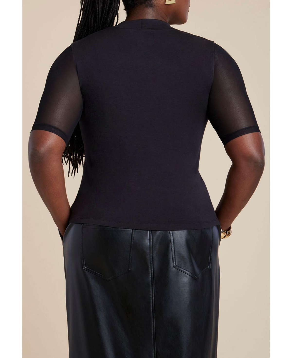 Eloquii Women's Shirred Mockneck Top With Sheer Sleeve