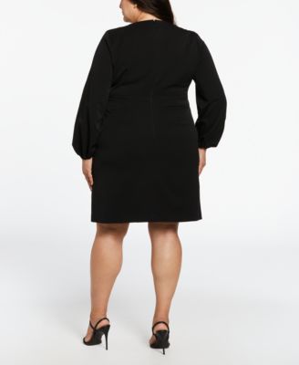 Plus Size Jewel Button Surplice Long Sleeve Dress