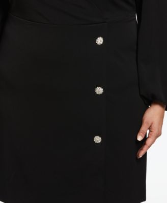 Plus Size Jewel Button Surplice Long Sleeve Dress
