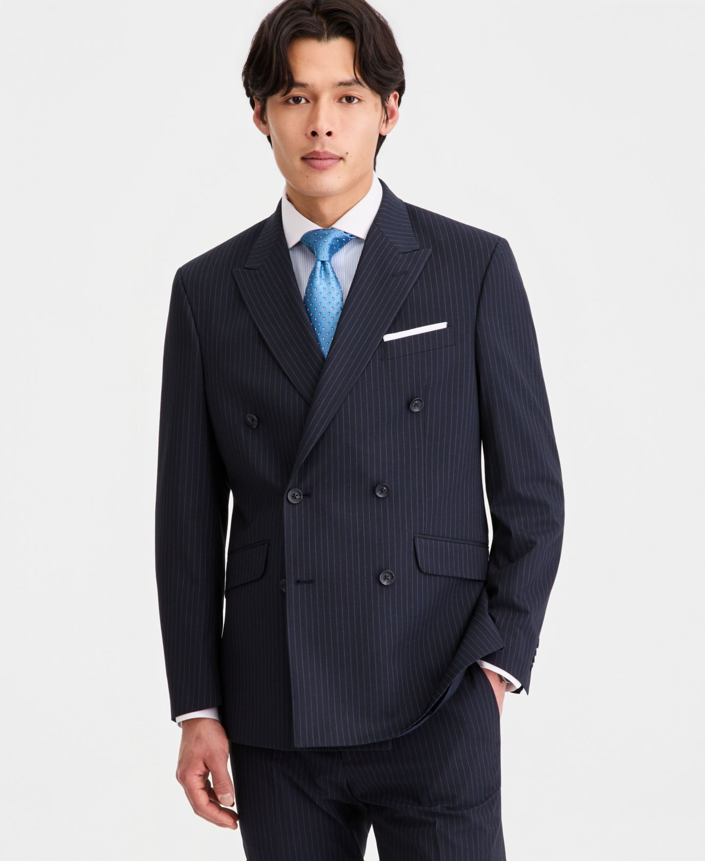 Мужские куртки Kenneth Cole Reaction Slim-Fit Double-Breasted Pinstripe Suit Separates, цвет: Тёмно-синий — фото 1