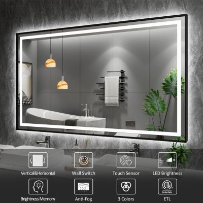  LED Bathroom Mirror, 48" x 32" LED Bathroom Mirror with Black Frame, Front Light and Backlit, Stepless Dimmable, Anti-Fog, Shatter-Proof, Memory, 3 Colors, Double LED Vanity Mirror