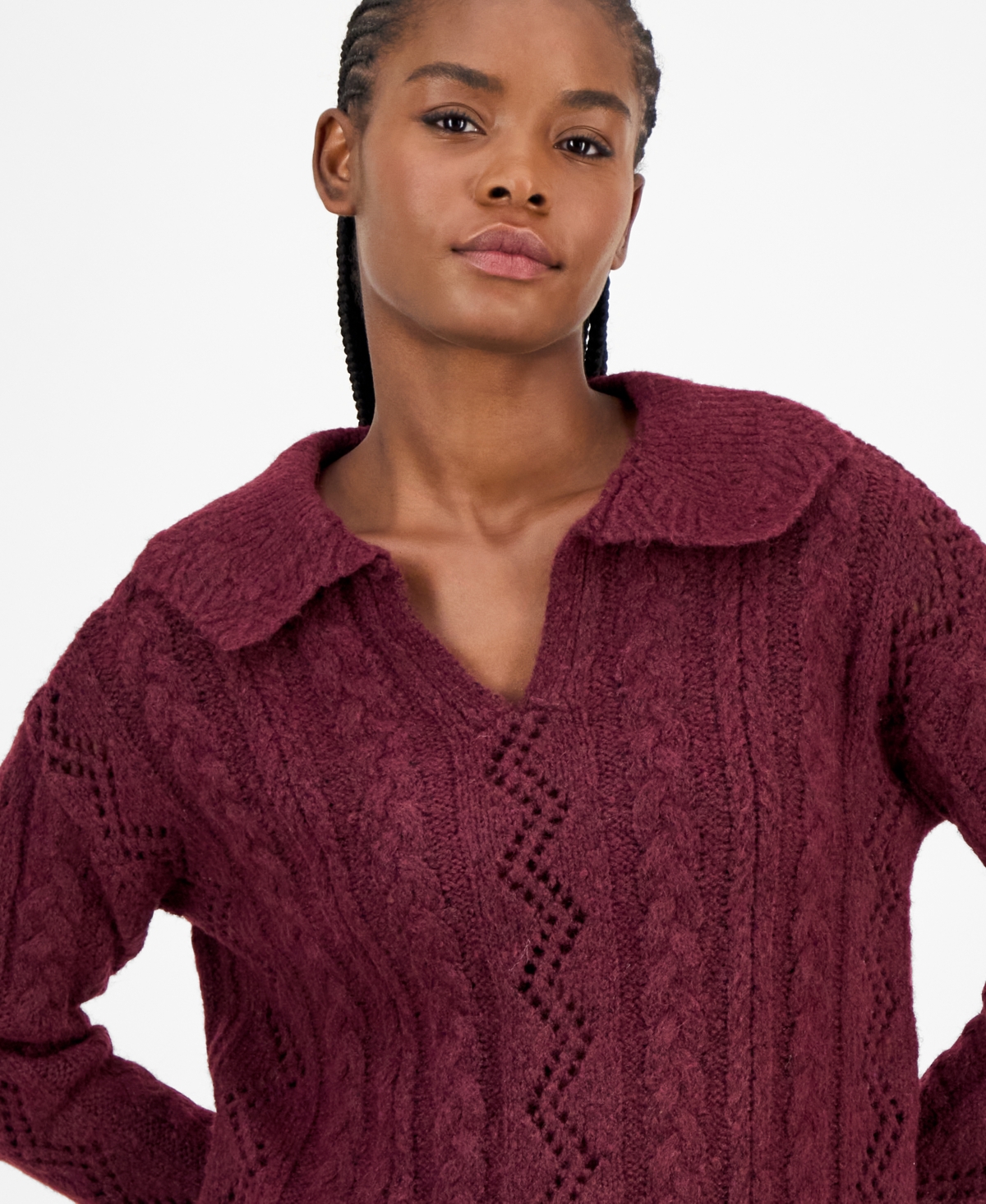 And Now This Women's Cable-knit Pointelle Polo Sweater, Macy's Exclusive In Burgundy
