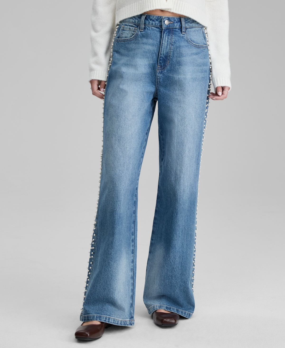 And Now This Women's High-rise Faux-pearl-side Wide-leg Jeans, Macy's Exclusive In Blue