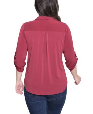 Petite 3/4 Sleeve Zip Front Top